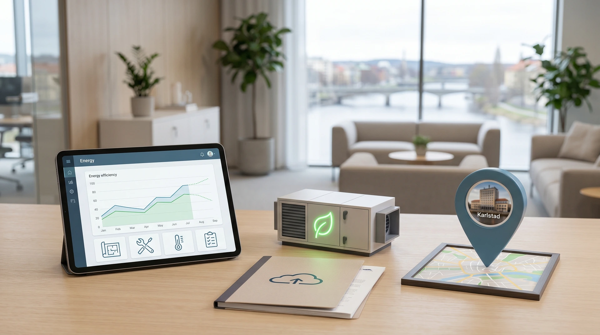 Skrivbord med surfplatta som visar energistatistik, HVAC-enhet och platsmarkör för Karlstad.