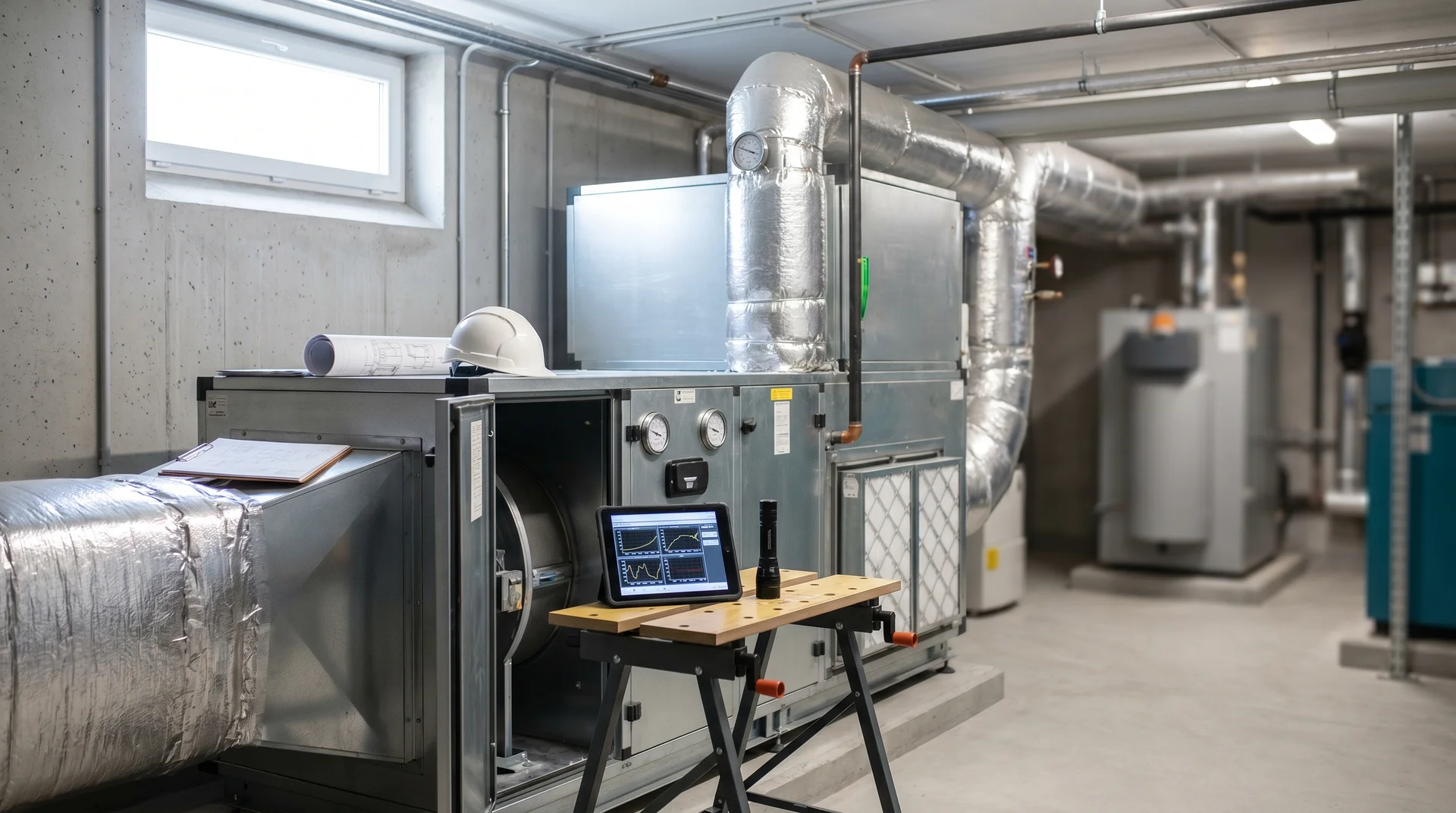 Industriell ventilationsanläggning med insulated kanaler och övervakningsutrustning i tekniskt utrymme.