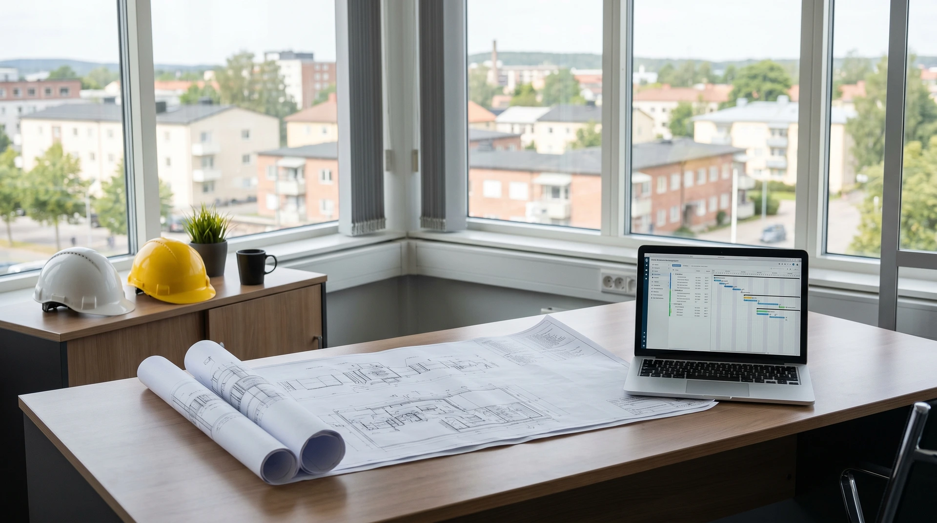 Arkitektkontor med ritningar, laptop och byggnadshjälmar vid fönster med stadsutsikt.