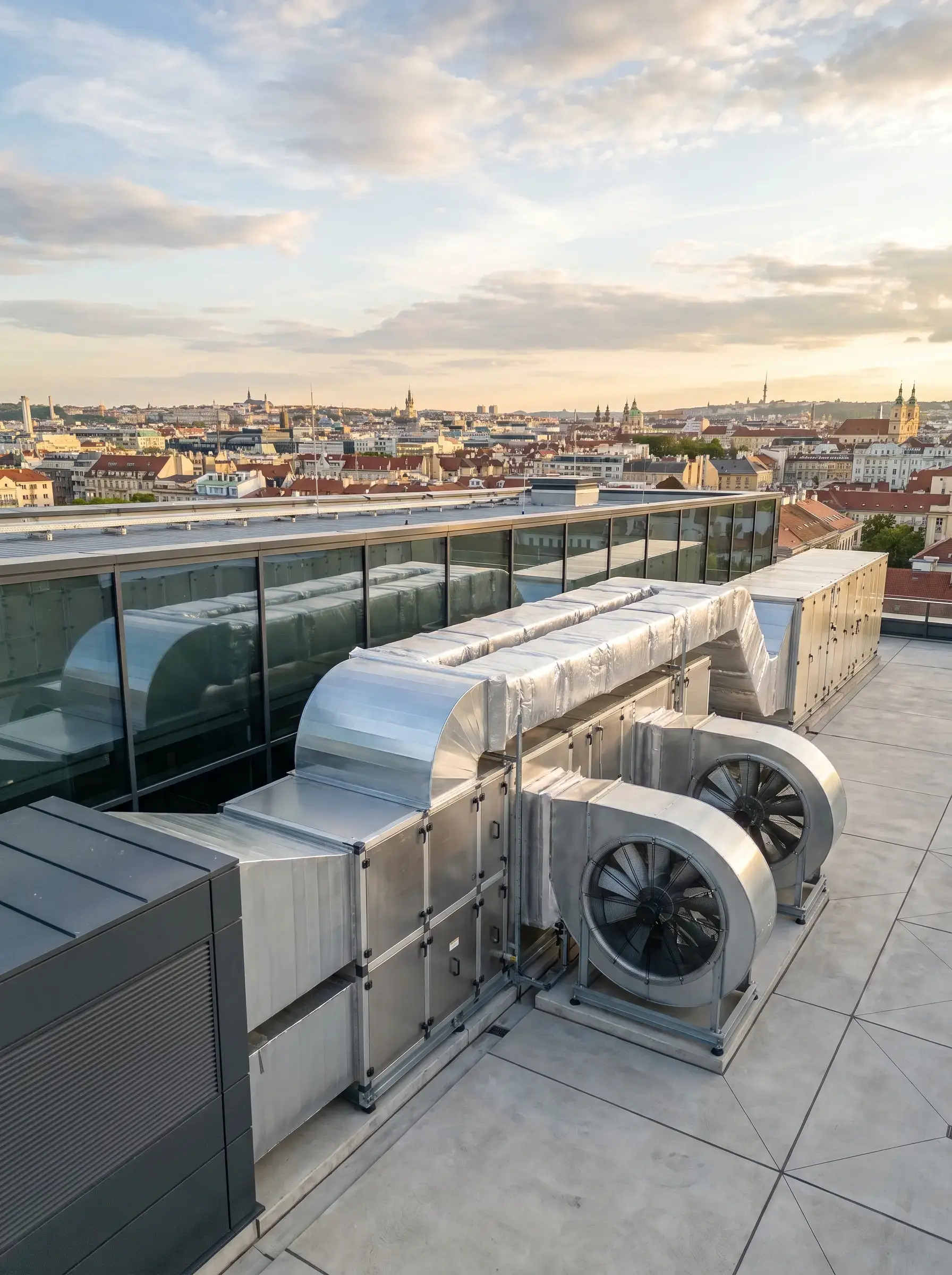 Ventilationssystem på hustak med utsikt över stadspanorama vid solnedgång.