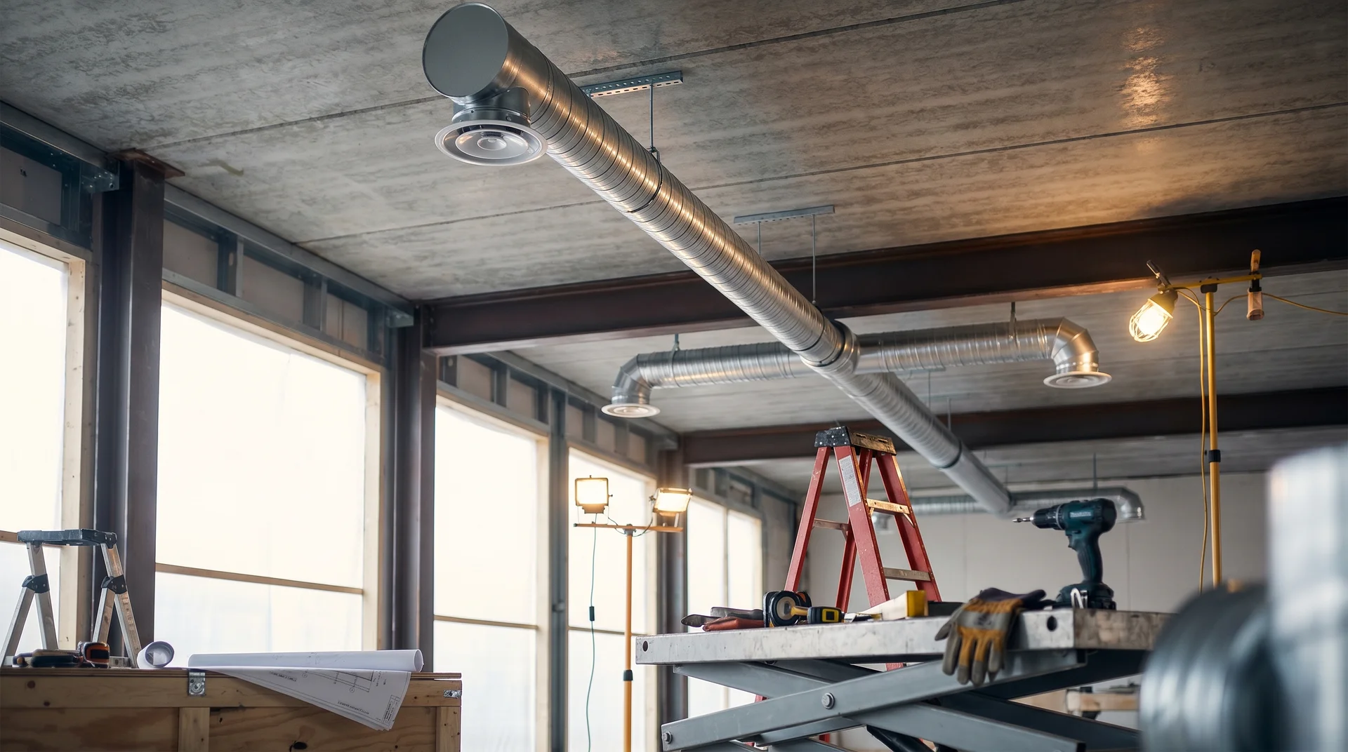 Industriellt ventilationssystem med silverfärgade metallrör i taket under renovering.