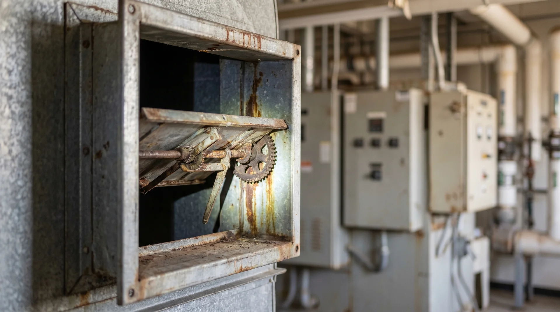 Rostig industriell utrustning med kugghjul i övergiven fabrikslokal.