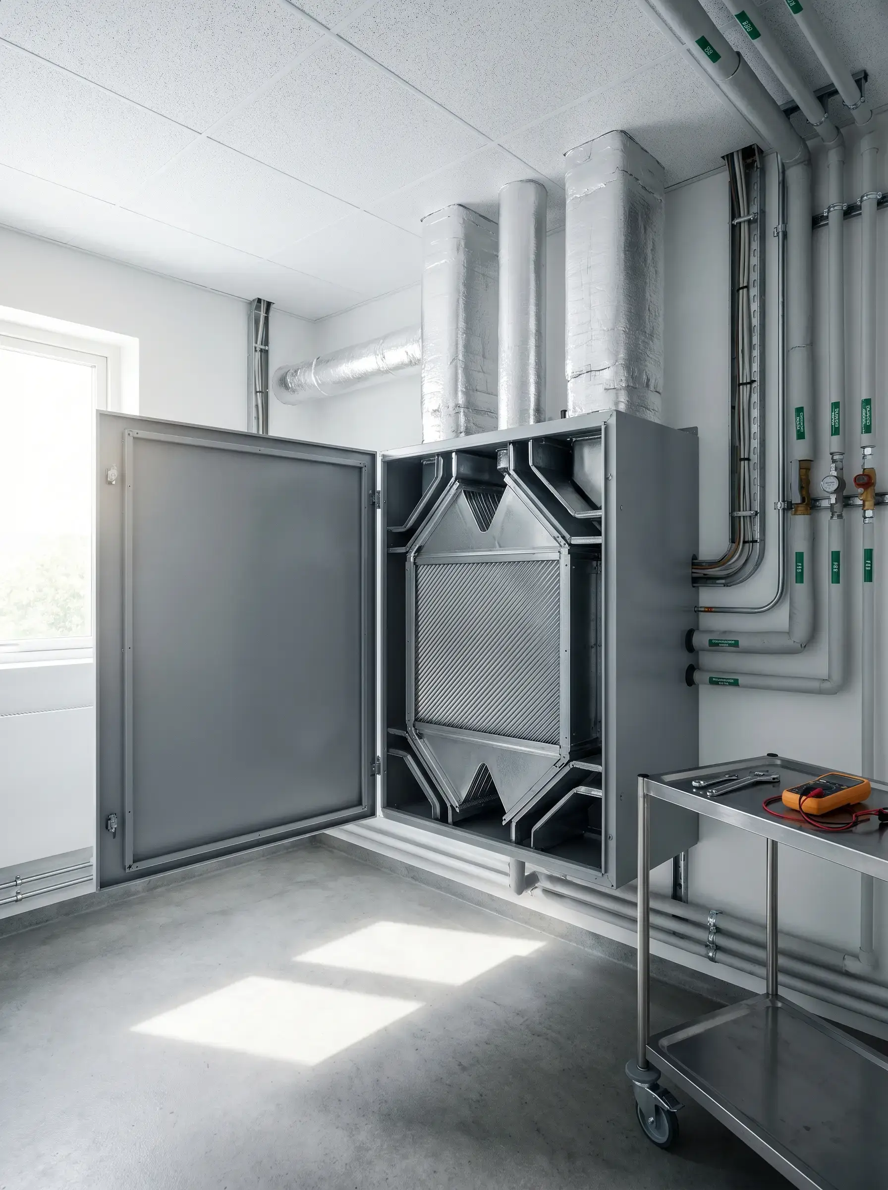 Öppnad ventilationsenhet med filter i ett tekniskt rum med rör och verktyg.