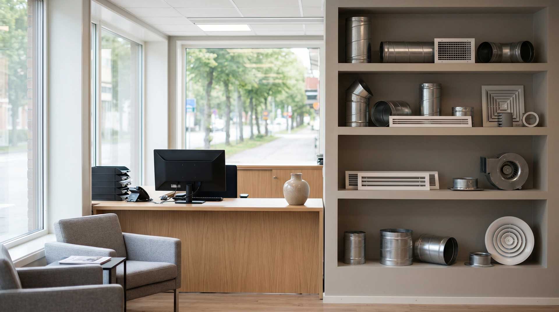 Modernt kontorsrum med skrivbord, stolar och hyllor med ventilationsdelar.