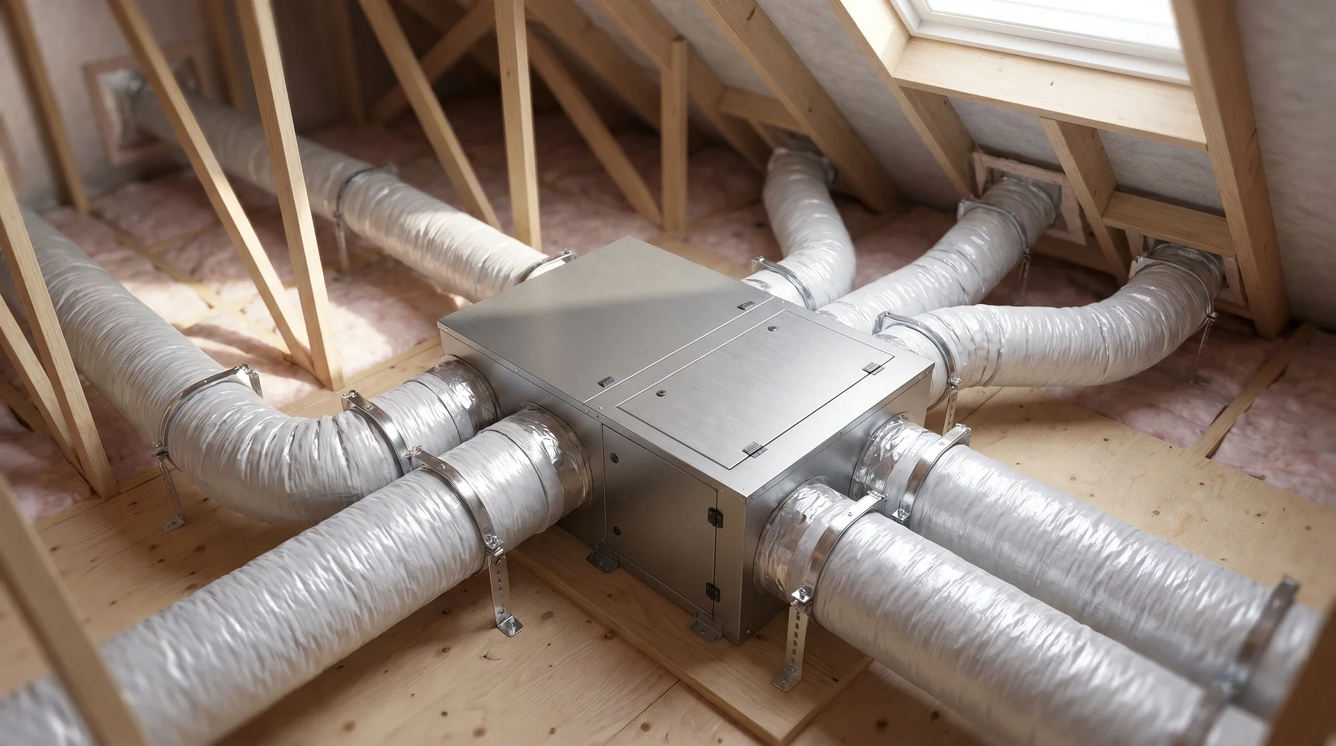 Ventilationssystem med metallbox och flexibla kanaler installerat på vind.