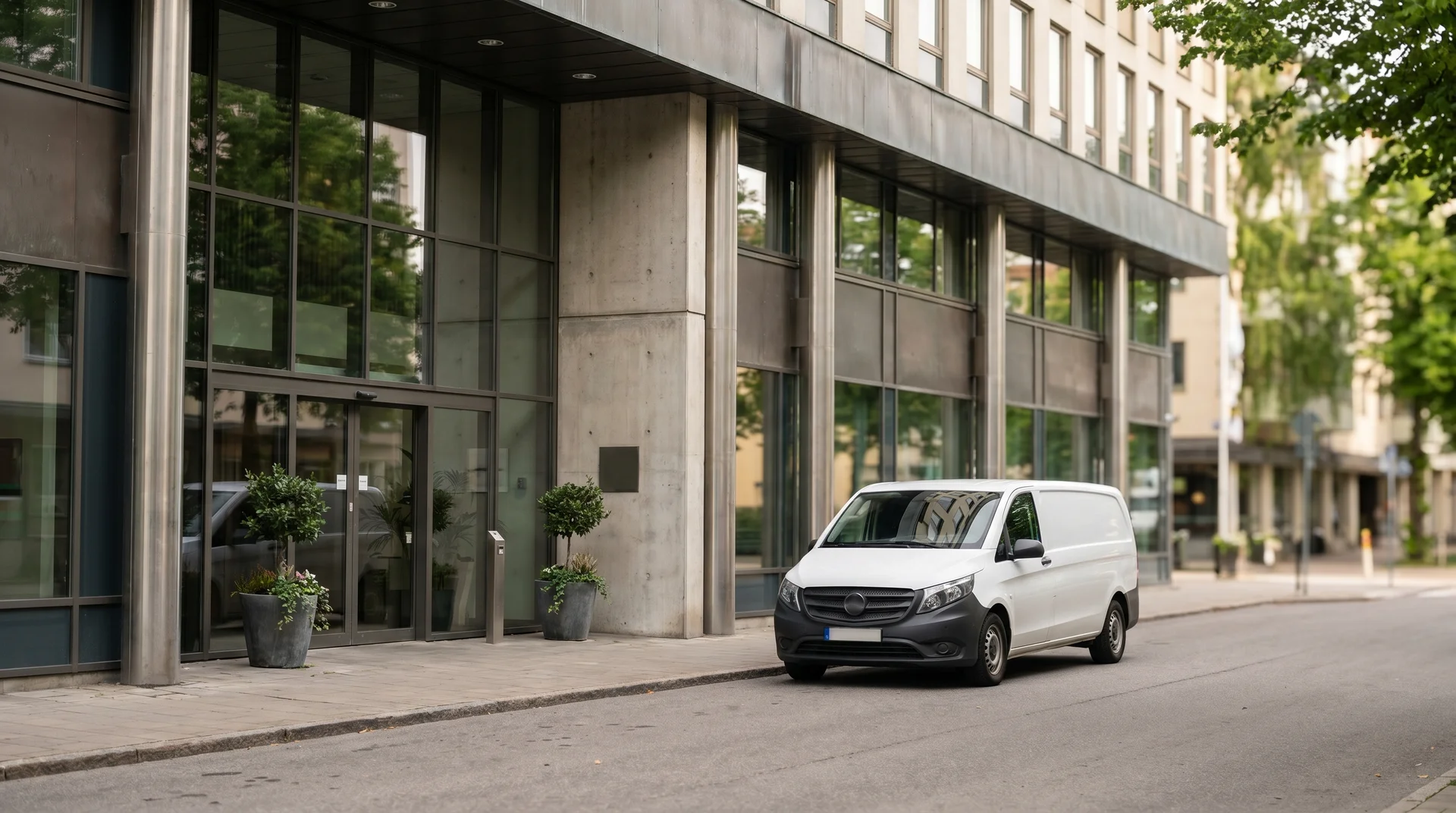 Vit skåpbil parkerad utanför modern kontorsbyggnad med glasfasad.